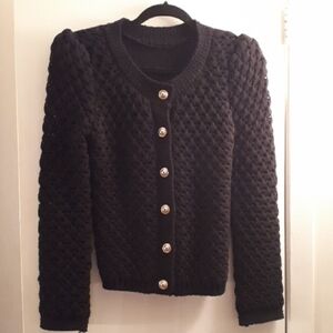 Vintage Black Crocheted Cardigan Very Chanel Rich Mom Chic Gold Buttons